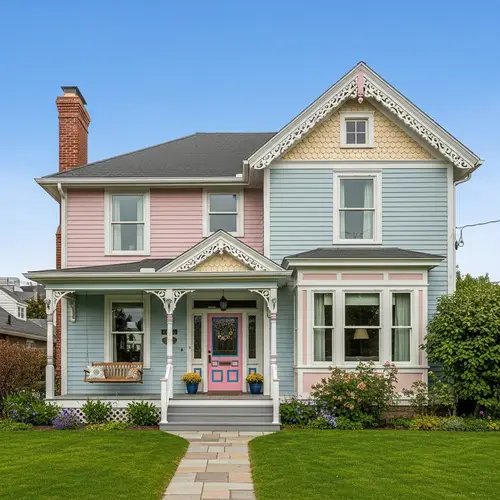 Beautiful Two-Story Pastel Colored House with Manicured Lawn