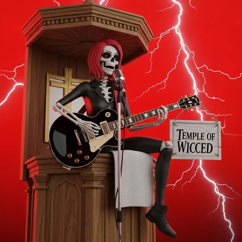 Temple of Wicced: Antique Pulpit with Skeletal Female Guitarist