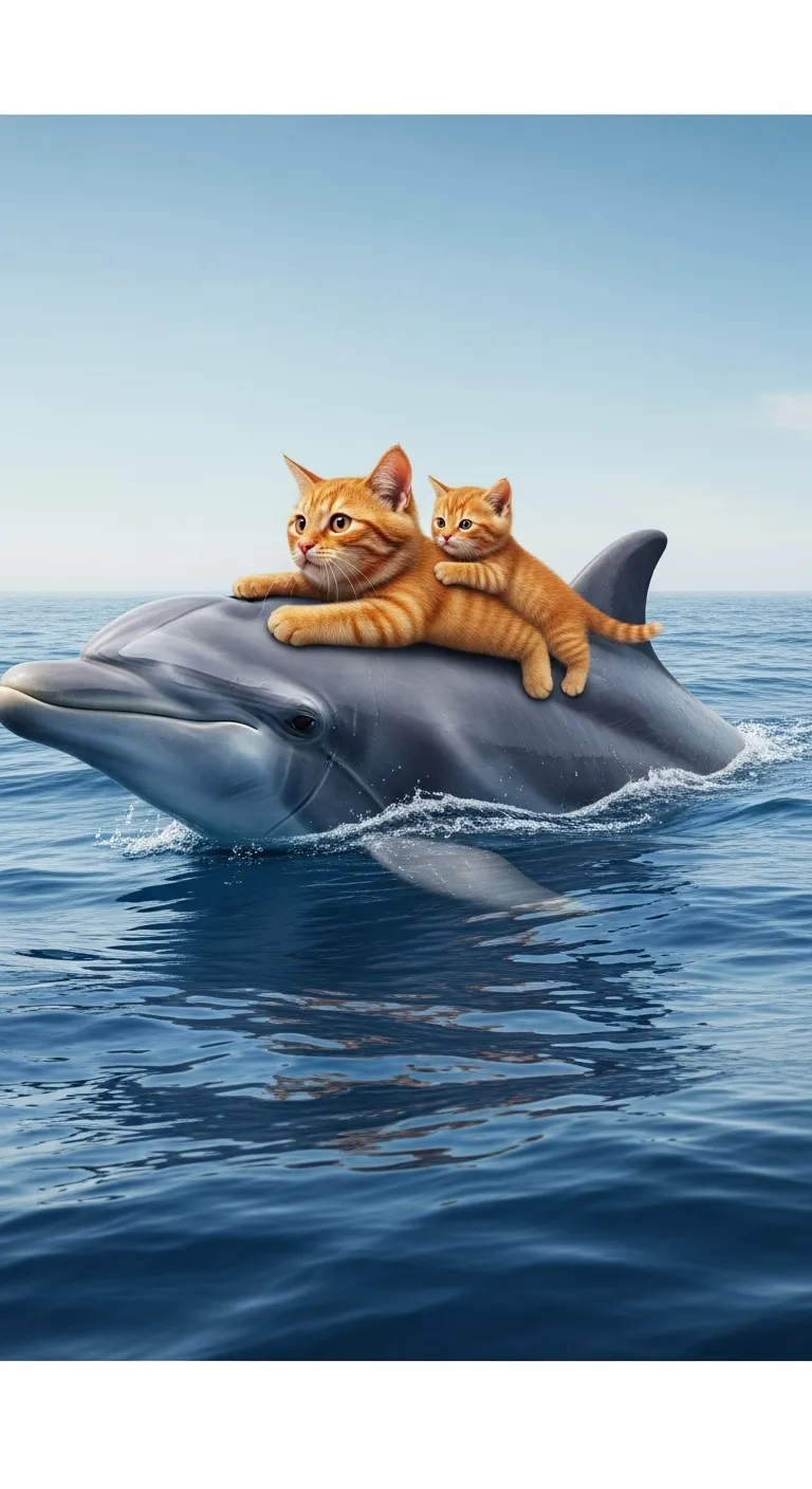 Ginger Tomcat and Kitten Riding Dolphin in Blue Sea