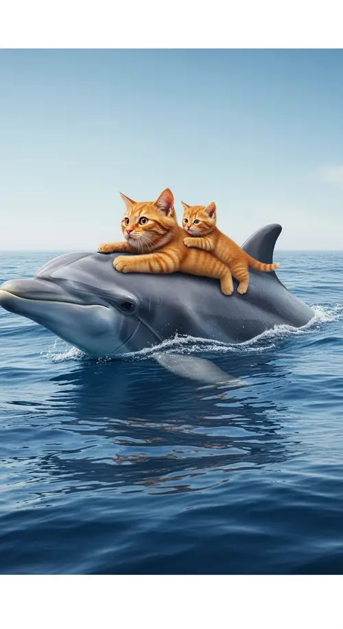 Ginger Tomcat and Kitten Swimming on Dolphin in Blue Sea