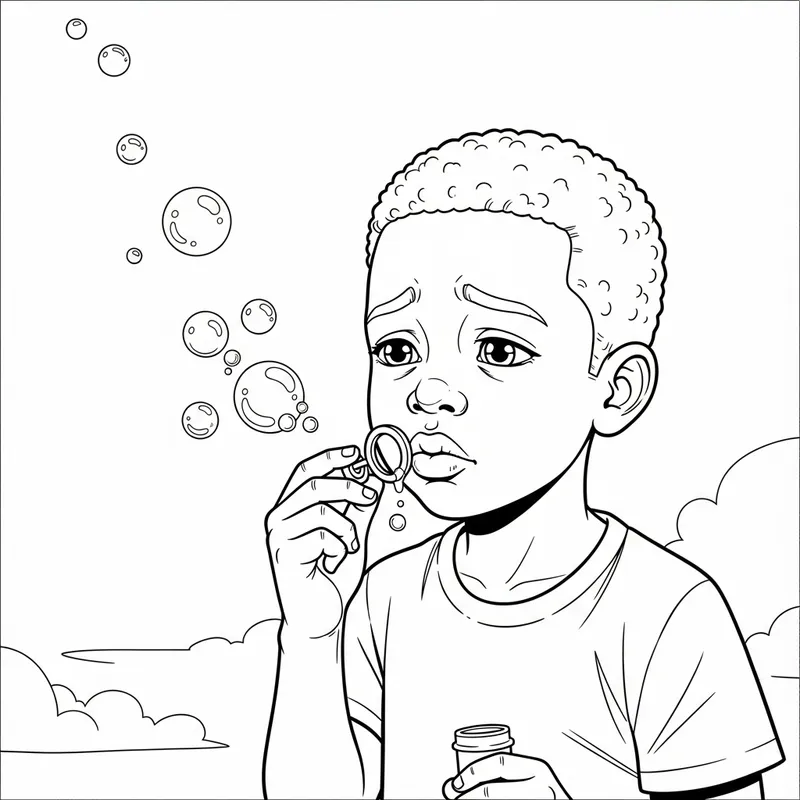 Sad Child Blowing Bubbles in Monochrome Coloring Page Sad Child Blowing Bubbles in Monochrome Coloring Page