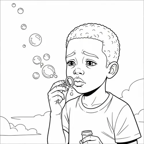 Saddened Young African Boy Blowing Bubbles in Monochrome Illustration