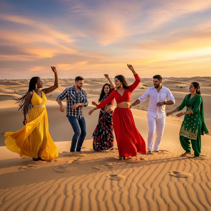 Diverse Group Dancing in the Golden Desert