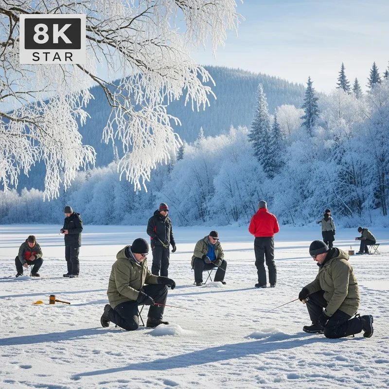 Winter Ice Fishing on Frozen Lake, 8k HD