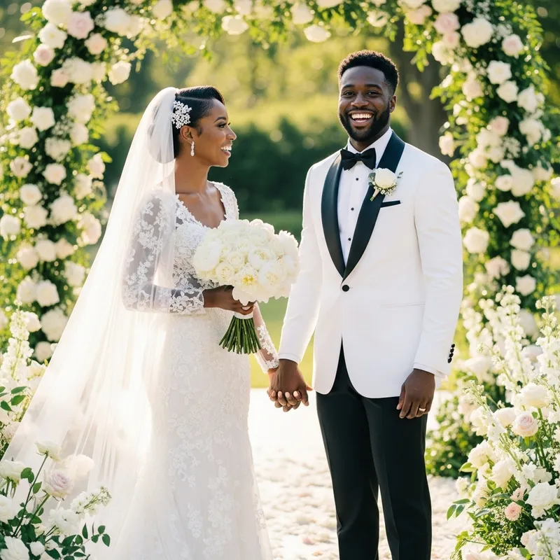 Happy Black Couple Wedding Day with Flowers
