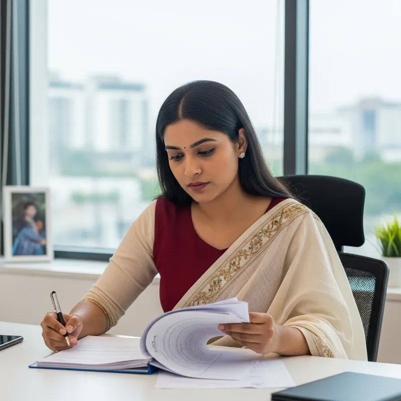South Asian Woman Examining Document in Office Environment South Asian Woman Examining Document in Office Environment
