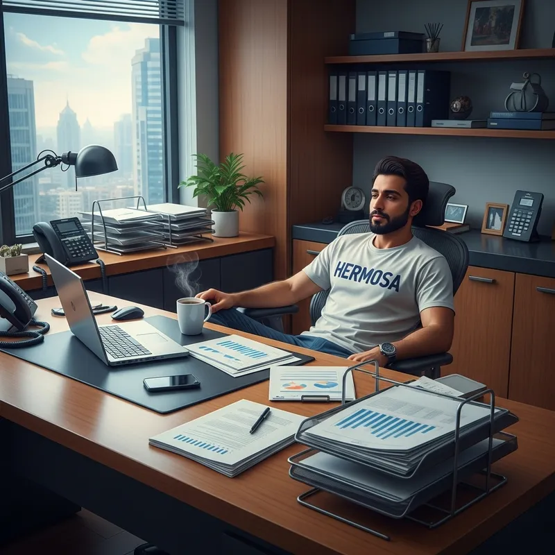 Middle-Eastern Man Sitting in Modern Office with HERMOSA T-Shirt