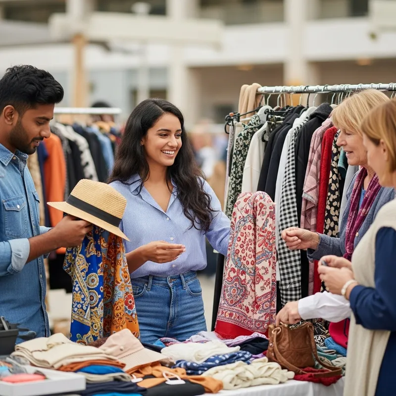 Cheerful Lady Seller at Bustling Flea Market | Clothes & Products