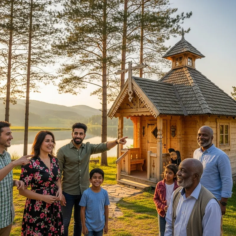 Diverse Group Near Scenic Wooden Bathhouse