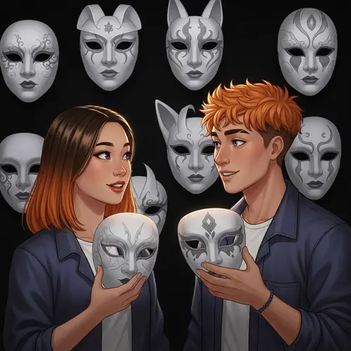 Young Adult Asian Woman & Hispanic Man Choosing Intricate White Masks