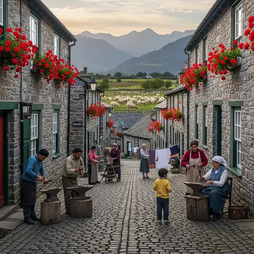 Traditional Village Scene with Geranium Flowers and Lively Atmosphere