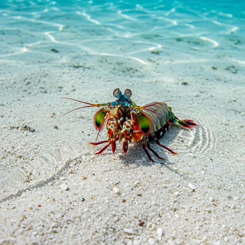 Realistic Hyperrealistic Mantis Shrimp on White Sand in Clear Water
