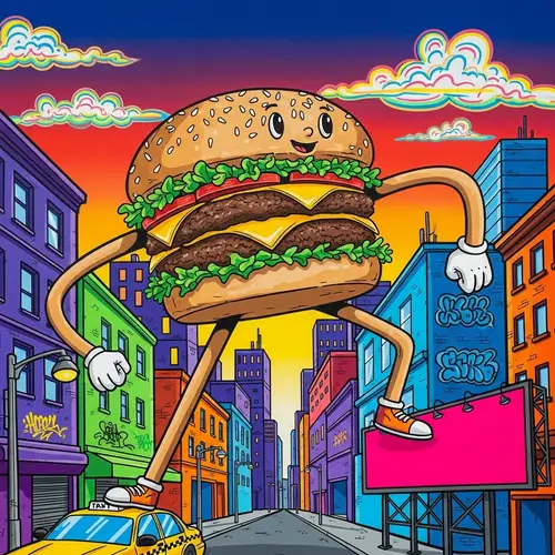 Colorful Urban Mural: Cartoon Hamburger Striding Giant City