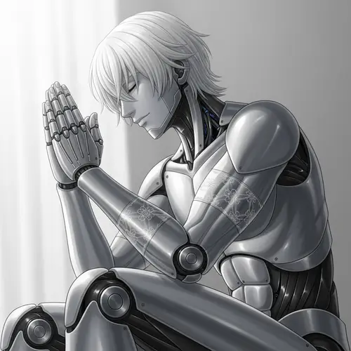 Humanoid Zenyatta with White Hair Praying Pose and Floral Bands