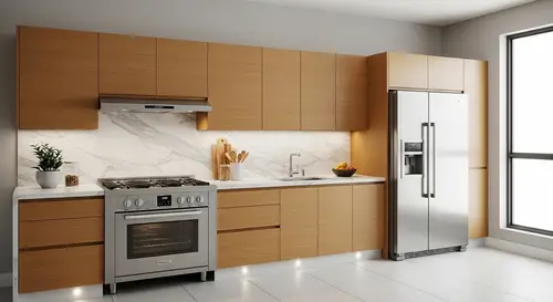 Modern Modular Kitchen Design with Marble Countertop and Stainless Steel Appliances