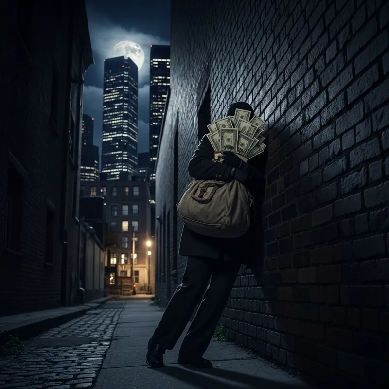 Hiding with a Bag of Money in a New York Alley Hiding with a Bag of Money in a New York Alley