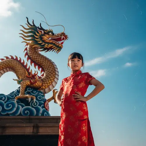 Beautiful Chinese Little Girl in Red Traditional Dress with Majestic Dragon