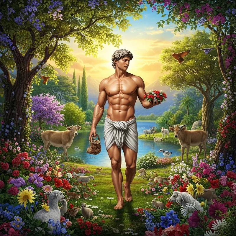 Muscular Adam in Paradise Garden: Tranquil Interaction Muscular Adam in Paradise Garden: Tranquil Interaction