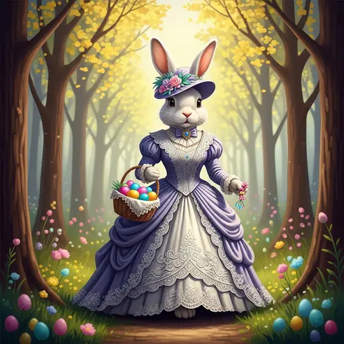 Charming Easter Rabbit in Forest with Basket of Easter Eggs