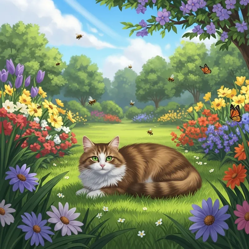 Playful Cat Relaxing in Colorful Garden Playful Cat Relaxing in Colorful Garden