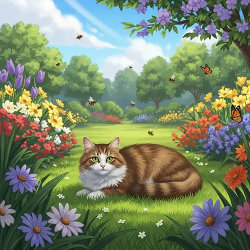 Fluffy Cat Lounging in Vibrant Garden | Serene Afternoon Scene
