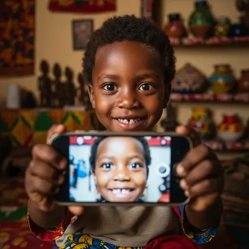 Joyful African Child Capturing Selfie at Home