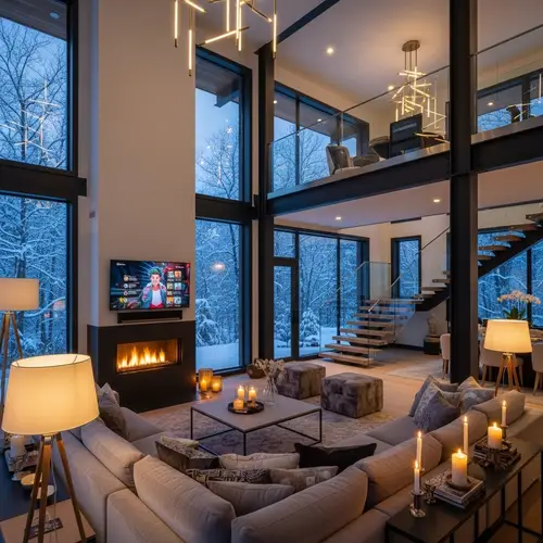 Modern Two-Storied Living Room with Snowy Landscape Views