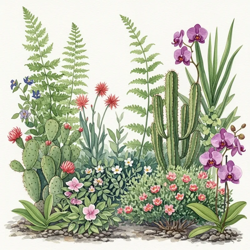 Botanical Tableau: Diverse Plants in Watercolor Art Botanical Tableau: Diverse Plants in Watercolor Art