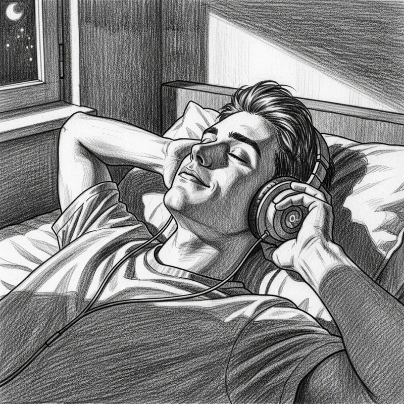 Pencil Sketch of a Young Man Listening to Music