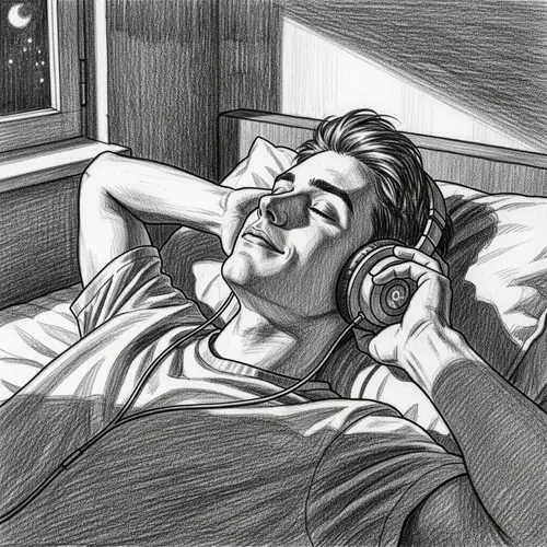 Pencil Sketch of a Young Man Listening to Music