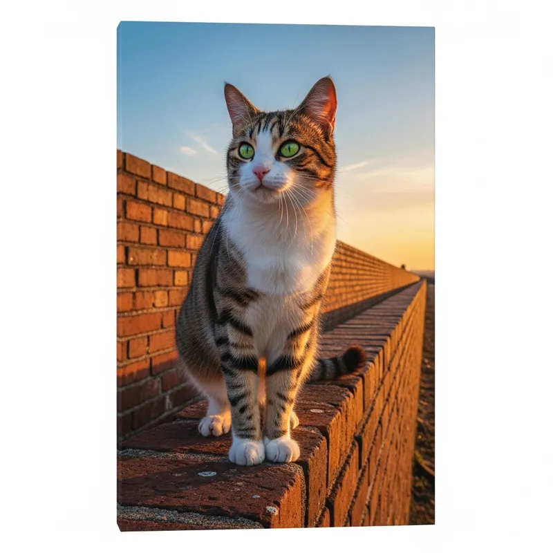 Majestic Cat Balancing on Elegant Brick Wall