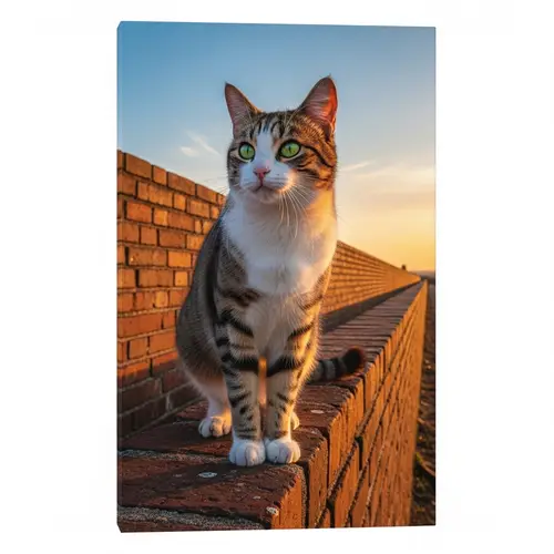 Striking Adult Domestic Cat Balancing on Rustic Brick Wall