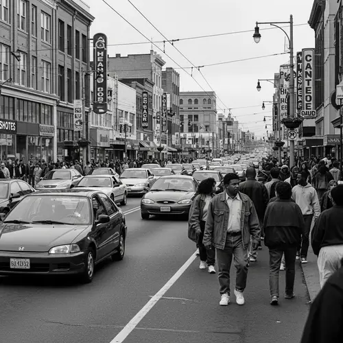 1993 Busy Street Scene: Cars, People, Diversity | Grey Values