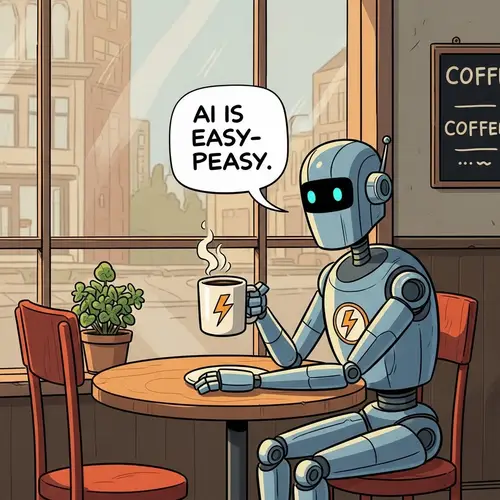 Sci-Fi Cartoon: Robot Holding Steaming Coffee Mug with Lightning Bolt Symbol