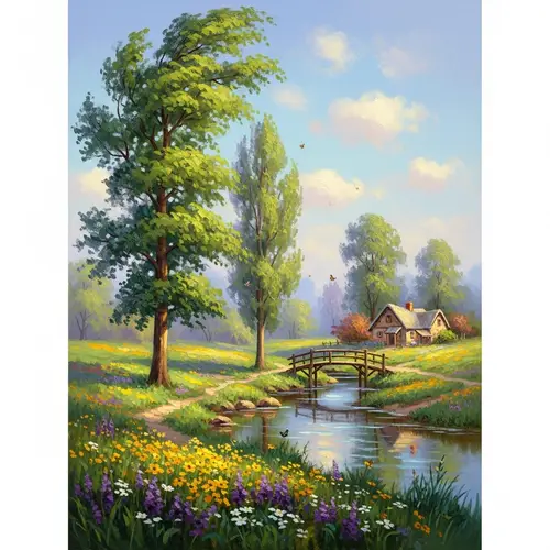Springtime Impressionism Painting - Lush Trees, Wildflowers & Brook