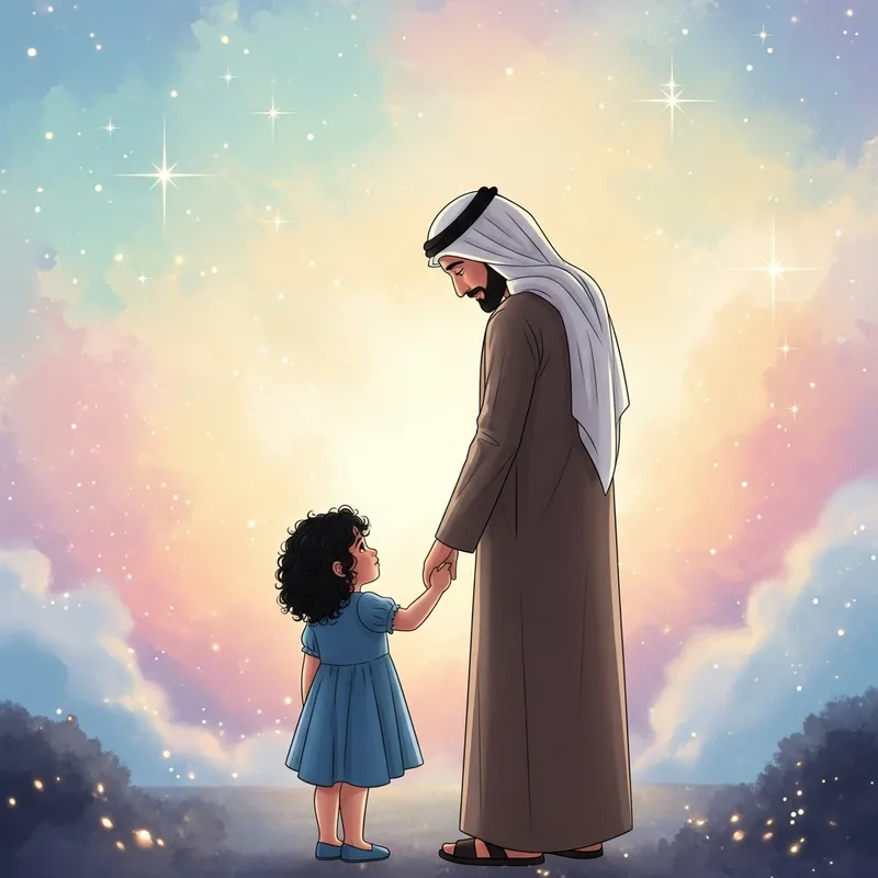 Middle-Eastern Father and Daughter Hand in Hand | Tranquil Dreamy Background