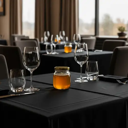 Elegant Dining Experience with Golden Honey on Black Tablecloth