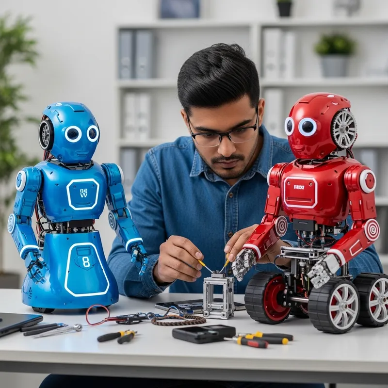 Engineer Fixing Blue and Red Robots