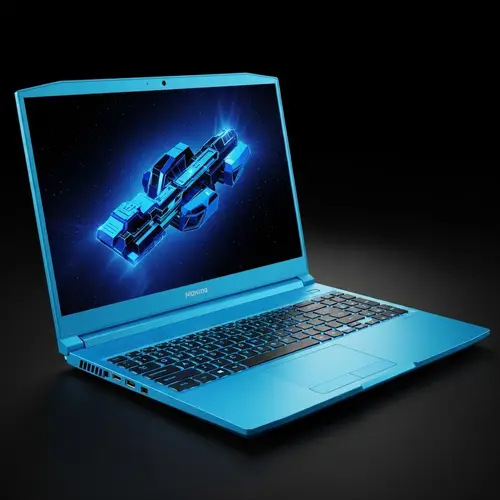 Detailed Gaming Laptop Image in Radiant Blue on Black Background