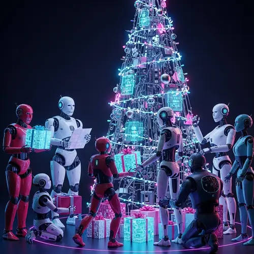 Futuristic Christmas Celebration with Robots in 2050