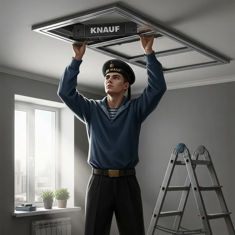 Russian Builder in Vintage Sailor's Uniform Installing KNAUF Metal Frame in Stylish Renovated Room