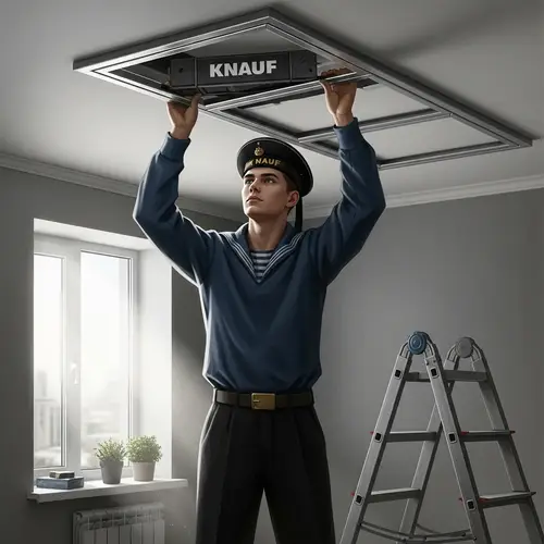 Russian Builder in Vintage Sailor's Uniform Installing KNAUF Metal Frame
