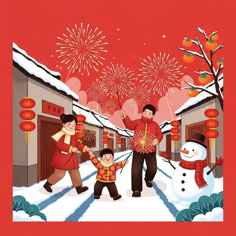 Snowy Village Scene with Chinese Family, Snowman, and Festive Decor