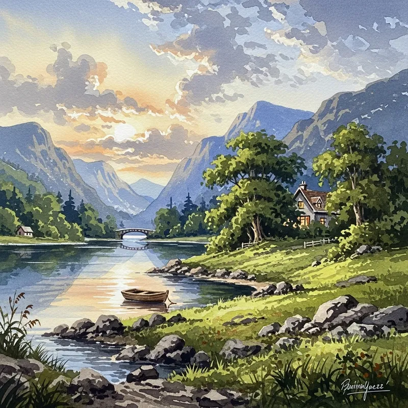 Watercolor Landscape Painting with Lakes, Mountains, House, and Boat