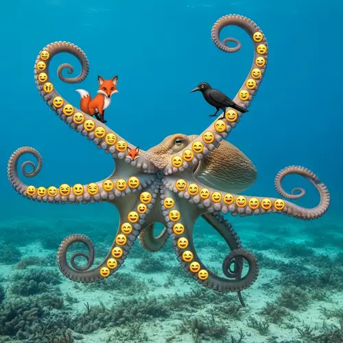 Underwater Octopus Illustration with Fox and Crow Fable Emojis