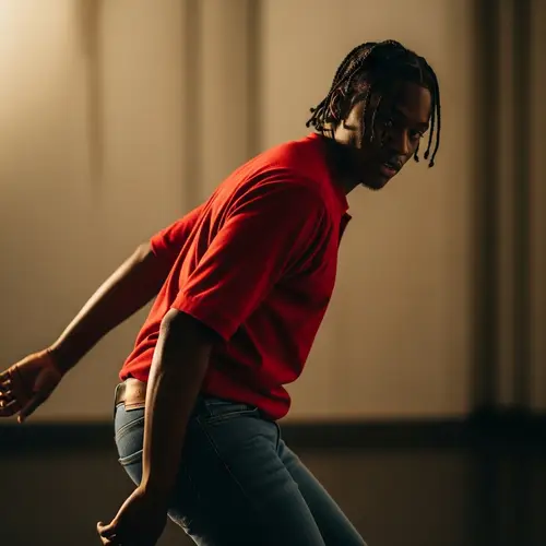 Black Man in Red Shirt and Braids Skinny Jeans