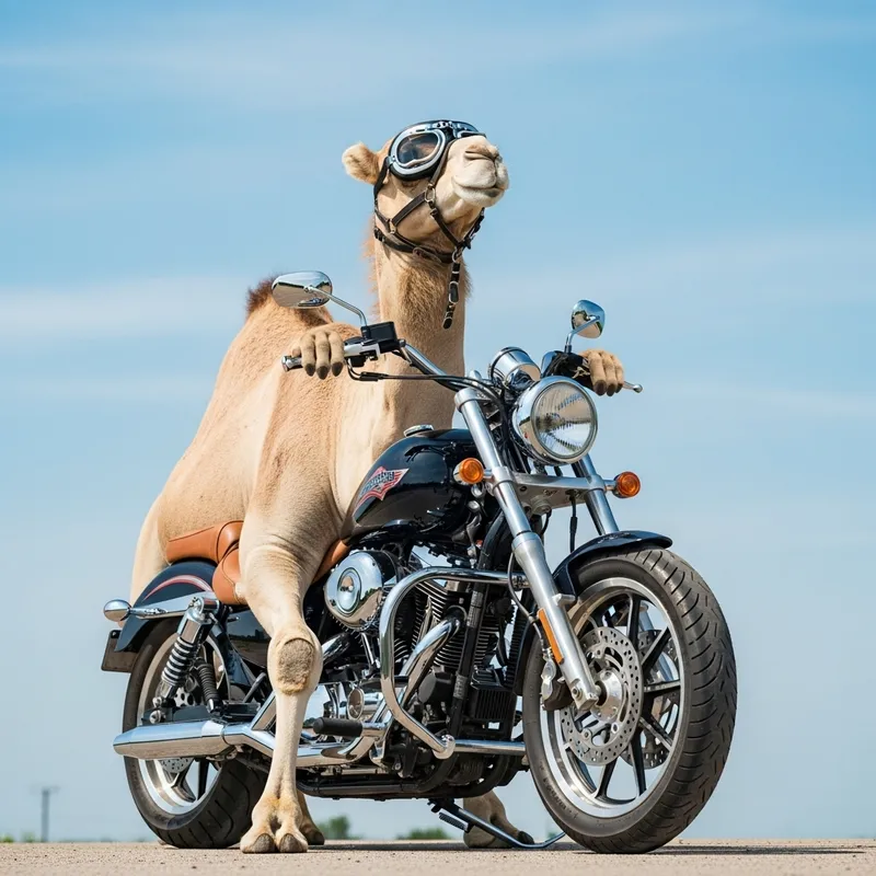 Cool Camel Riding Motorcycle with Biker Goggles