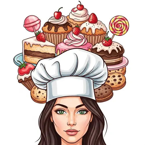 Woman Chef with Colorful Desserts - Cartoon Vector Illustration