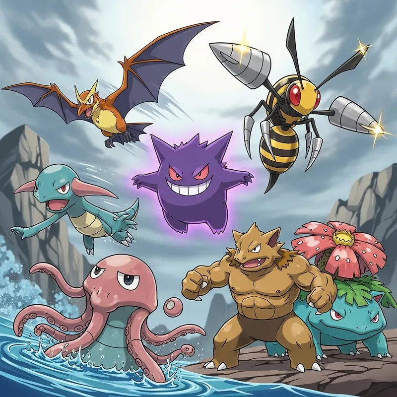 Digital Art: Pokémon Team with Crobat, Tentacruel, Gengar, Nidoking, Venusaur, Mega Beedrill