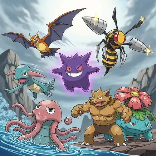 Digital Art: Pokémon Team Featuring Crobat, Tentacruel, Gengar, Nidoking, Venusaur, Mega Beedrill